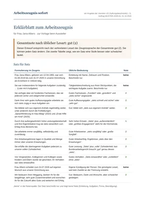 Erklärblatt zum Arbeitszeugnis: Gesamtnote gut und eine Tabelle, die jeden Satz des Zeugnisses mit üblicher Bedeutung und Note zeigt