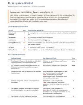 Erste Seite eines Klartext-Berichts mit Gesamtnote, Noten nach Bereichen und Sätzen mit Bedeutung